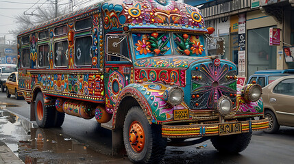captivating image of colorful truck art decorating street of Rawalpindi vibrant design intricate pattern embellishment adorning vehicle Truck art distinctive form of folk art Pakistan reflecting count