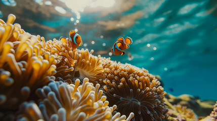 Clownfish entertain amid anemones, split-view radiates with islands lush tropical allure 
