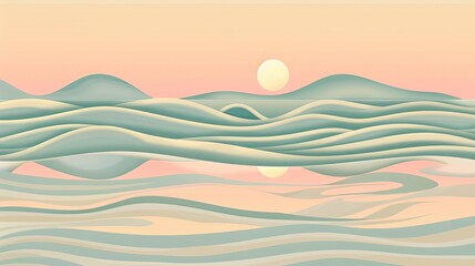 Abstract wavy landscape with pastel sunset creating a calm and serene atmosphere, perfect for background or wall art.