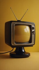 Vintage television artwork with a neighboring lamp on a yellow background.
