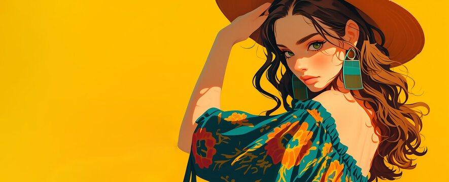 jeune femme espagnole cheveux ch&acirc;tains, yeux verts, blouse gitane &agrave; fleur montrant l'&eacute;paule, avec un chapeau gaucho sur un fond jaune avec espace n&eacute;gatif copyspace