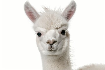 Obraz premium Cute baby llama with soft fur and a curious look isolated on white background