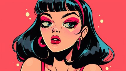 Naklejka premium A woman with black hair and red lipstick exudes mystery and allure