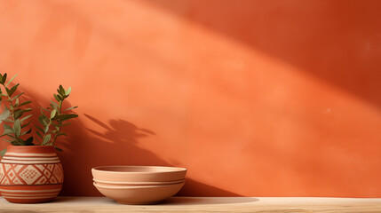 Terracotta Bowls and Vases with Greenery against an Orange Background