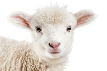 Fototapeta premium Fluffy baby sheep with a gentle expression isolated on white background