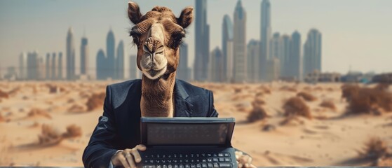 A closeup charismatic half body of a camel in a business suit, typing on a holographic keyboard in a desert with a futuristic cityscape in the blurry background