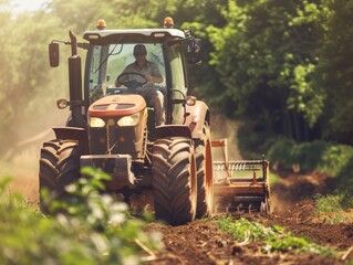 Farmer riding a tractor, vibrant and healthy, outdoor activity, natural beauty, agricultural work, bright and sunny, hands-on farming, rural setting, lush and alive, copy space.