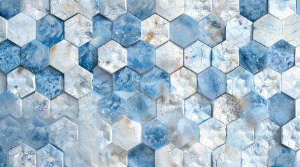 Winter mosaic with hexagonal tiles in icy blue and white textures and frost-like sparkle backdrop