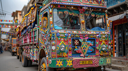 captivating image of colorful truck art decorating street of Rawalpindi vibrant design intricate pattern embellishment adorning vehicle Truck art distinctive form of folk art Pakistan reflecting count