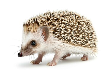Obraz premium Tiny baby hedgehog with quills standing up isolated on white background