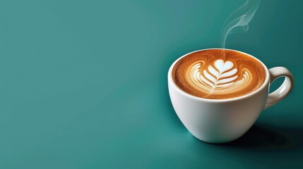 A steaming cup of coffee with a beautifully designed latte art, isolated on a green background