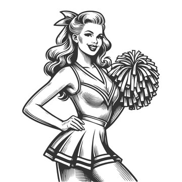 recommend clip art: cheerleader in classic pin-up pose with pom-poms and a playful expression sketch engraving generative ai fictional character vector illustration. Scratch board imitation. Black and white image