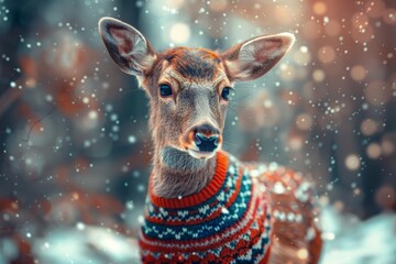 A cute charismatic closeup of a deer wearing a festive holiday sweater, standing in a snowy forest with a warm, blurry background, with HUD hologram