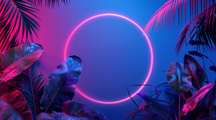 Mystical Neon Circle with Tropical Foliage