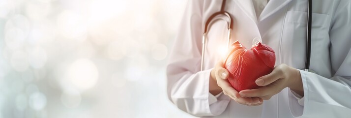 A doctor holding a model heart and a stethoscope over the face. healthcare and medical service concept. 