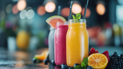 Exotic fruit smoothies in wellness gym setting, background with empty space for text 