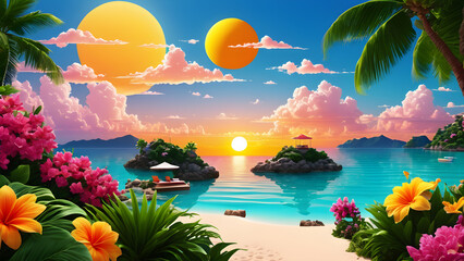 Summer aesthetic wallpaper, summer vacation background, summer beach wallpaper, warm summer at the beach, ai generated