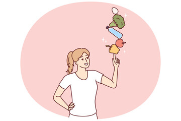 Woman nutritionist with fresh vegetables for preparing delicious vegetarian salads for lunch or dinner. Slender girl nutritionist recommends using only organic products bought at farmer market