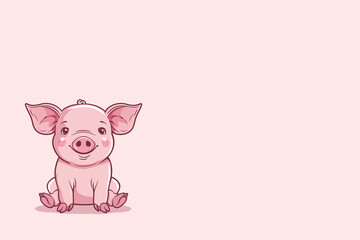 petit cochon, cochon de lait, assit sur son derrière, et souriant sur un fond aussi rose que lui avec espace négatif copyspace. Boucherie charcuterie, cochonaille,  ferme