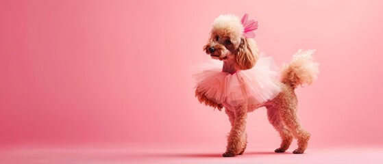 A Poodle dressed in ballet attire, gracefully dancing on a stage with a solid pink background and copy space