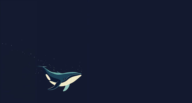 baleine bleue avec son ventre blanc, nageant dans les profondeurs de la mer, dans le noir des abysses, fond bleu fonc&eacute;, noir avec espace n&eacute;gatif copyspace