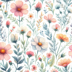 Cute feminine watercolor seamless pattern with wildflowers. hand drawn