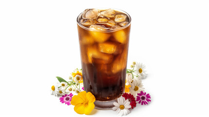 Fototapeta premium Iced coffee in a tall glass with summer decorations, isolated on a white background 