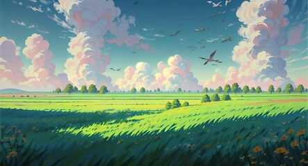 Green field and valley with sky, cloud and bright day landscape. Anime style nature background.