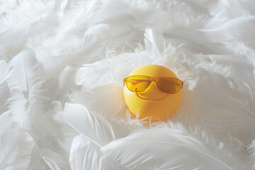 A single yellow sunglasses emoji placed delicately on a bed of pure white feathers, symbolizing a serene moment of relaxation and tranquility.