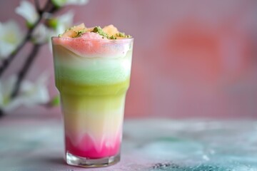 glass of guava matcha latte with a vibrant gradient effect