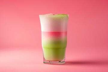 glass of guava matcha latte with a vibrant gradient effect