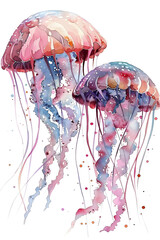 Watercolor painting of two colorful jellyfish on white background