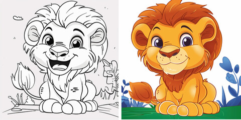 Baby lion coloring book page. Cute animal coloring book page for kid, with reference.