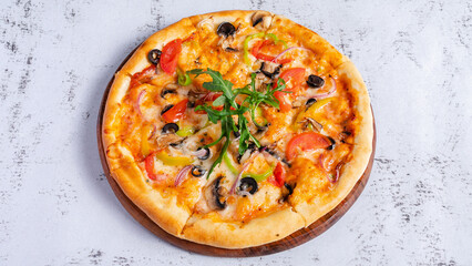 Delicious Italian pizza isolated top view