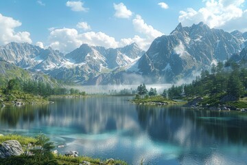 Serene Mountain Lake with Forest and Clouds