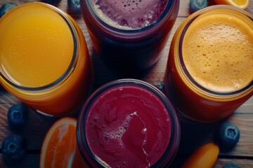 Glasses of fresh fruit juices in various colors, representing refreshing and healthy drink options in a vibrant setting.