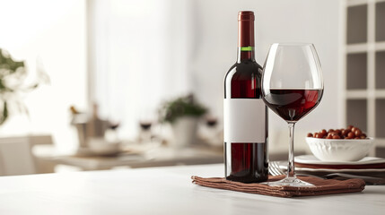 Red wine bottle and glass with elegant table setting, isolated on a white background 