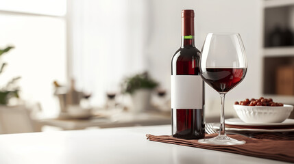 Red wine bottle and glass with elegant table setting, isolated on a white background 
