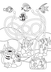 Mini-games for children. preschoolers. maze, help the fish get to the house. Picture with cartoon fish. Games 3-4 years. Mini-games for children. Development of logic in children. black and white