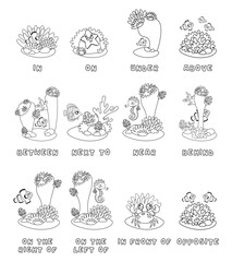 English pretexts with cute fish. Nemo fish behind, above, near and under anemone, coral and stone. Black white image. Learning words kids education set. Comic character with ball for learning visual 