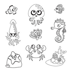 Set of marine animals highlighted on white. Octopus, fish, squid and crab, seahorse and starfish. illustration in the style of a cartoon. black and white image