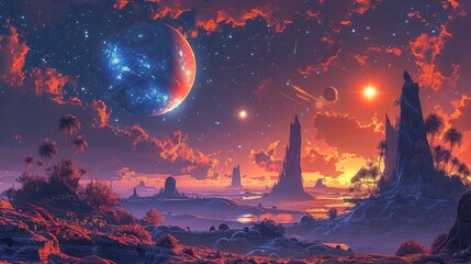 A photo of an alien landscape with glowing vegetation, a sky with two suns and floating islands in the background