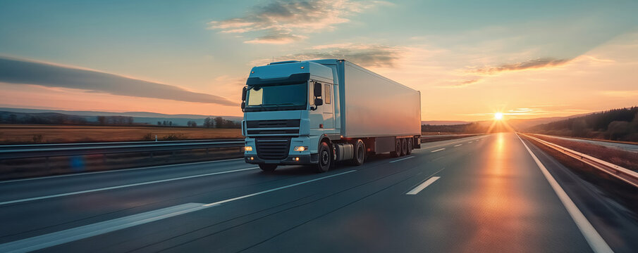 Refrigerated truck on highway, transporting perishables, background with empty space for text 