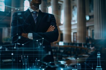 Fototapeta premium Futuristic Concept: Politician with policy impact analysis tools, in government office, legislation and public opinion data visualized. Political tech, policy analytics. , background blur