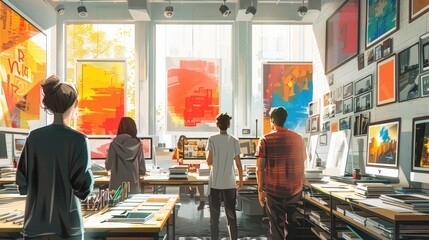 Creative Workspace: with artists and designers collaborating, surrounded