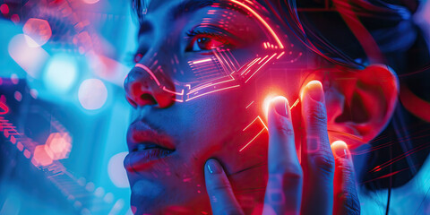 Agonizing Itch of the Inner Ear: A young woman wearing a concerned expression, touching her ear with an arched back, as she struggles with the discomfort of an earache