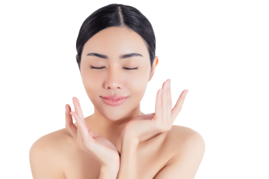 Young Asian woman with flawless skin gently touching her face, showcasing a natural beauty and skincare concept Eyes closed PNG

