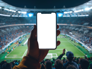 Hand Holding Smartphone Mockup in Front of Vibrant Stadium Crowd During Sports Event
