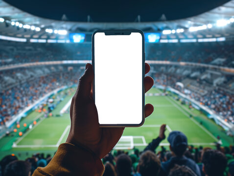 Hand Holding Smartphone Mockup in Front of Vibrant Stadium Crowd During Sports Event