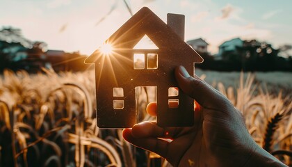 Recycled brown paper model house sunlight shining sky grass background 